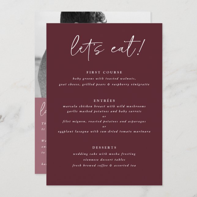 Modern Merlot Wedding Menu with Photo Back (Front/Back)
