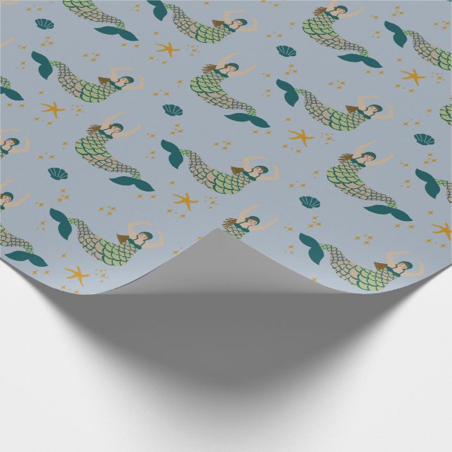 Modern Mermaid Siren Theme Illustration Print Blue Wrapping Paper (Corner)
