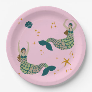 Modern Mermaid Siren Theme Illustration Print Pink Paper Plate