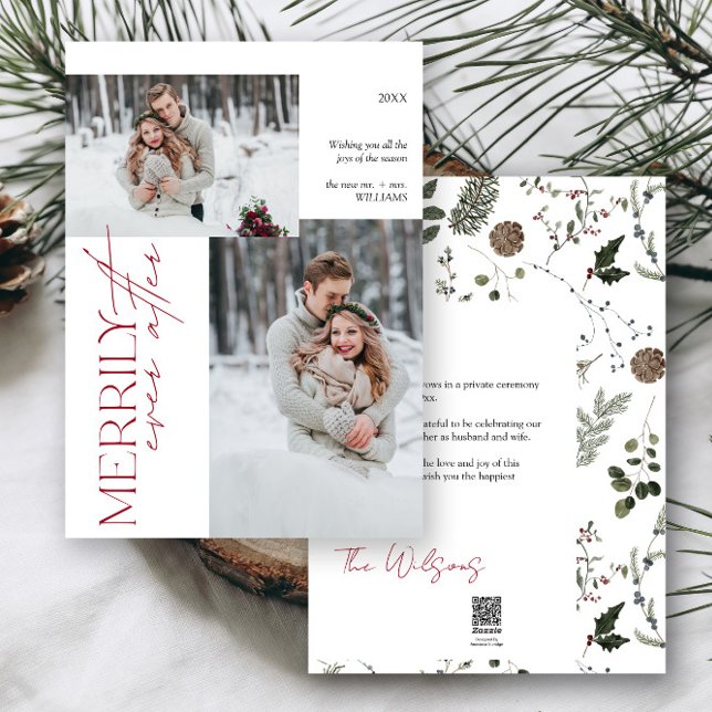 Modern Merrily Ever After Wedding 2 Photo Holiday Card (Easily add your photos and deets to personalize this beautiful holiday wedding announcement)