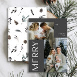 Modern Merry 2 Photo Black Winter Watercolor  Holiday Card<br><div class="desc">This year, let your friends and family know you care with the Modern Merry 2 Photo Black Winter Watercolor Christmas card. Not only is it stylish and up-to-date, but it has enough space for you to include two of your favourite memories from the past year. The design is clean and...</div>
