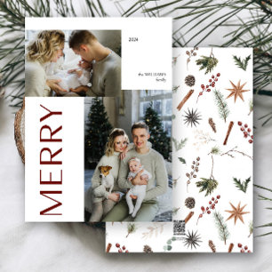 Modern Merry 2 Photo Botanical Watercolor Holiday Card