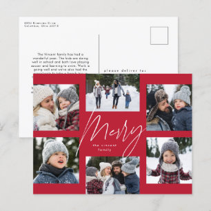 Modern merry 6 photo Christmas collage red Holiday Postcard