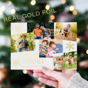 Modern Merry and Bright 5 photos Christmas gold Foil Holiday Card