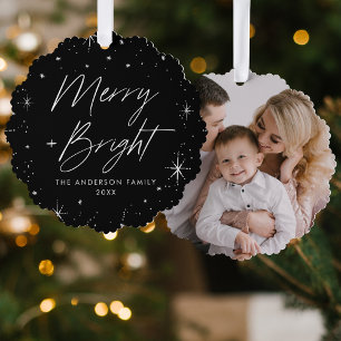 Modern Merry and Bright Black Holiday Photo Ornament Card
