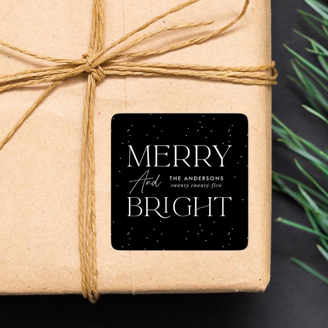 Modern Merry and Bright Black Holiday Square Sticker (Creator Uploaded)