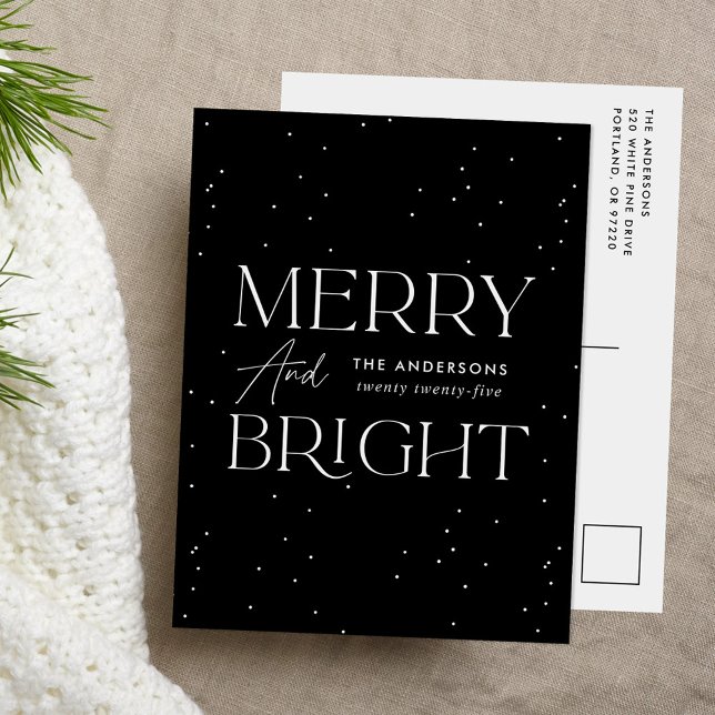 Modern Merry and Bright Black Non-Photo Holiday Postcard (Creator Uploaded)