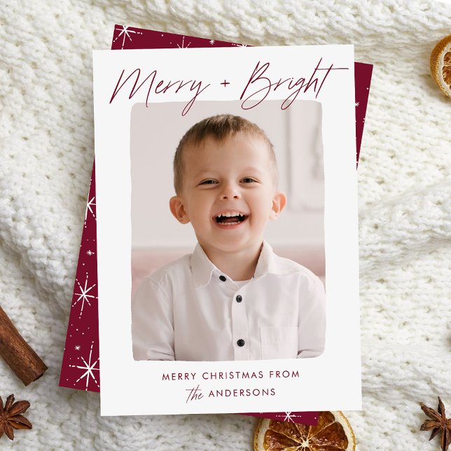 Modern Merry and Bright Burgundy Script Photo Holiday Card (Creator Uploaded)