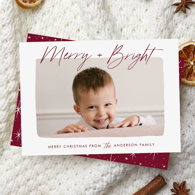 Modern Merry and Bright Burgundy Script Photo Holiday Card (Creator Uploaded)