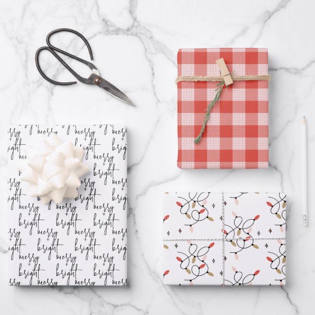Modern Merry and Bright Christmas Lights Holiday Wrapping Paper Sheet (Front)