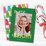 Modern Merry and Bright Christmas Photo  Foil Holiday Card<br><div class="desc">This fun, bright Christmas holiday photo card features real foil text reading, "Merry & BRIGHT." The background colour can be customized to any colour you'd like (shown in bright green). The back of the card has an overlapping colourful Christmas trees tissue paper design, which has a crafted, decoupage look. This...</div>