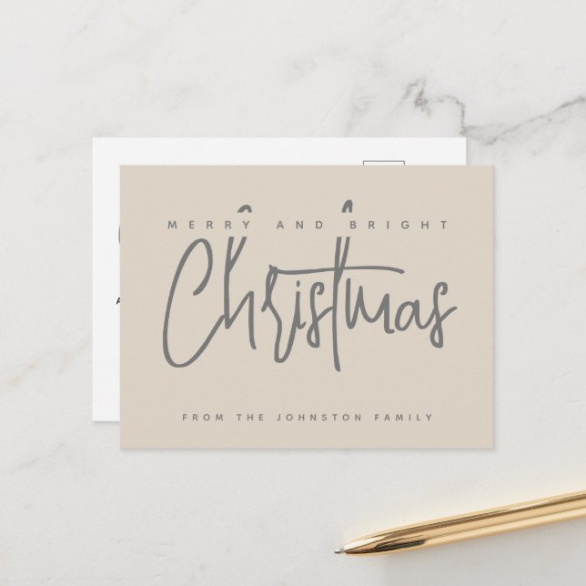 Modern Merry and Bright Christmas simple script Postcard (Front/Back In Situ)