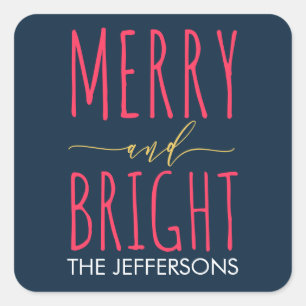 Modern Merry and Bright Navy Blue Personalize Square Sticker