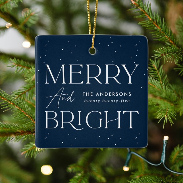 Modern Merry and Bright Navy Photo Ceramic Ornament (Creator Uploaded)