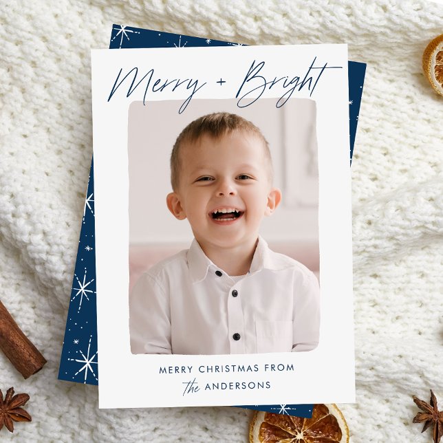 Modern Merry and Bright Navy Script Photo Holiday Card (Creator Uploaded)