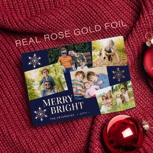 Modern Merry and Bright photo Christmas rose gold  Foil Holiday Card