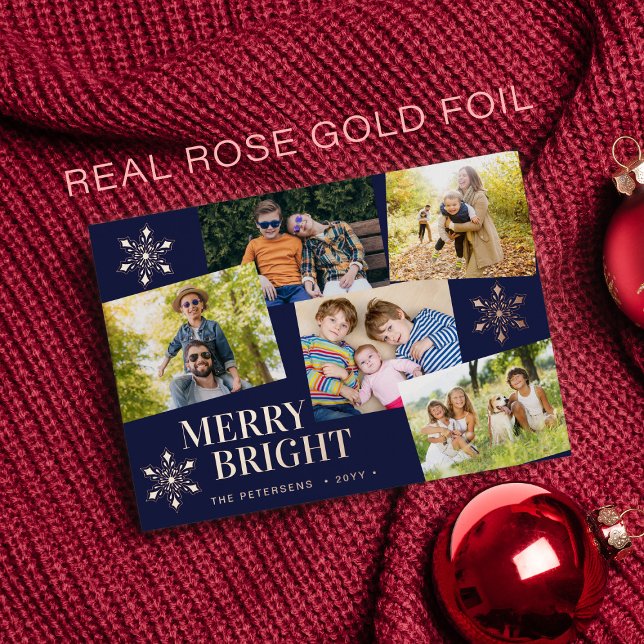 Modern Merry and Bright photo Christmas rose gold  Foil Holiday Card (Creator Uploaded)