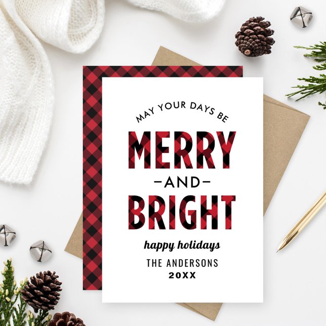 Modern Merry and Bright Red Buffalo Plaid Holiday Card (Creator Uploaded)
