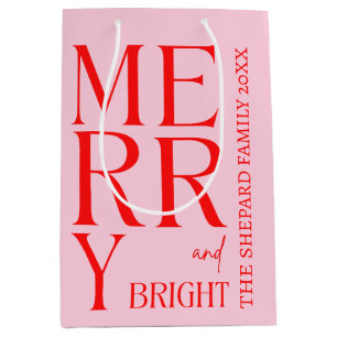 Modern Merry and Bright Red Pink Christmas  Medium Gift Bag