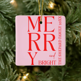 Modern Merry and Bright Red Pink Christmas Photo Ceramic Ornament