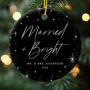 Modern Merry and Bright Script Black Photo Ceramic Ornament