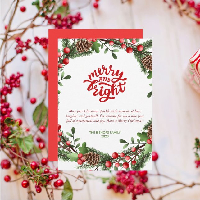 Modern Merry and Bright Script Foliage Wreath Holiday Card (Creator Uploaded)
