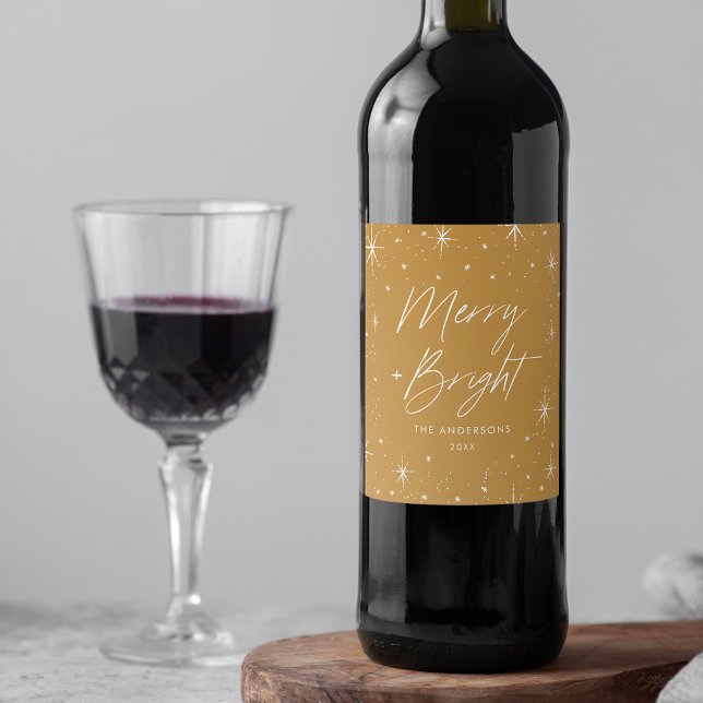 Modern Merry and Bright Script Gold Holiday Wine Label (Creator Uploaded)