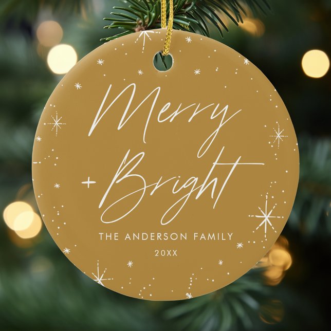 Modern Merry and Bright Script Gold Photo Ceramic Ornament (Creator Uploaded)