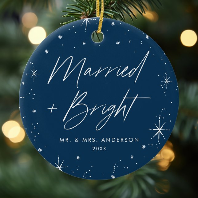 Modern Merry and Bright Script Navy Photo Ceramic Ornament (Creator Uploaded)