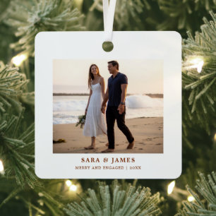 Modern Merry and Engaged Photo Holiday Metal Ornament