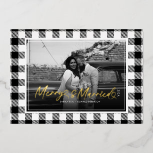 Modern Merry and Married Newlywed Plaid Christmas Foil Holiday Card