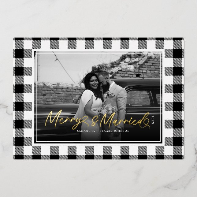 Modern Merry and Married Newlywed Plaid Christmas Foil Holiday Card (Front)