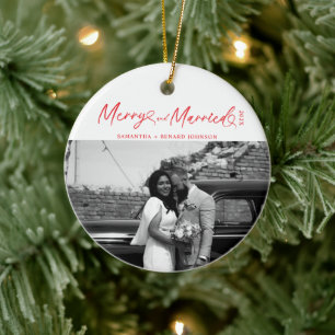 Modern Merry and Married Newlywed Script Christmas Ceramic Ornament