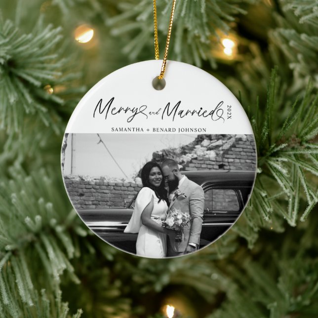 Modern Merry and Married Newlywed Script Christmas Ceramic Ornament (Tree)