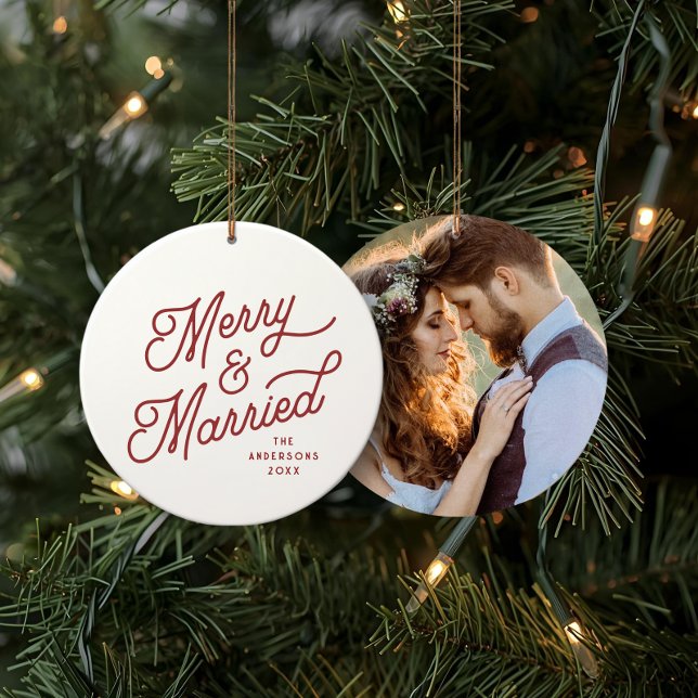 Modern Merry and Married Photo Bold Script | Red Ceramic Ornament (Creator Uploaded)
