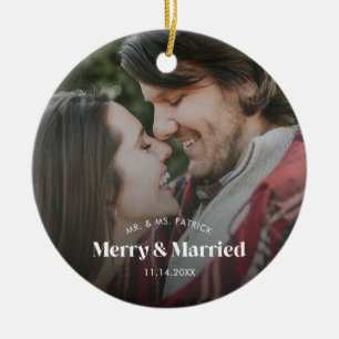 Modern Merry and Married Photo Holiday Ceramic Ornament