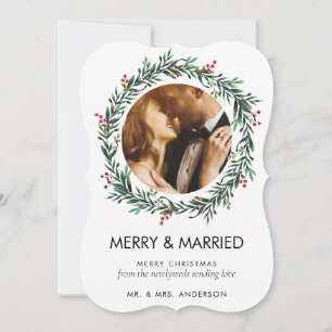 Modern Merry and Married Photo Newlywed Christmas Holiday Card