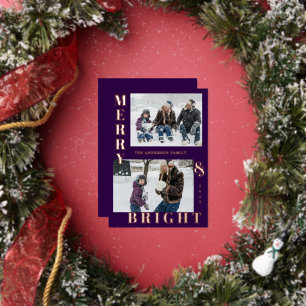 Modern Merry & Bright 2 Photo Rose Gold Foil Holiday Card