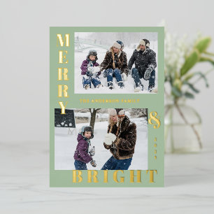 Modern Merry & Bright 2 Photo Sage Elegant Foil Holiday Card