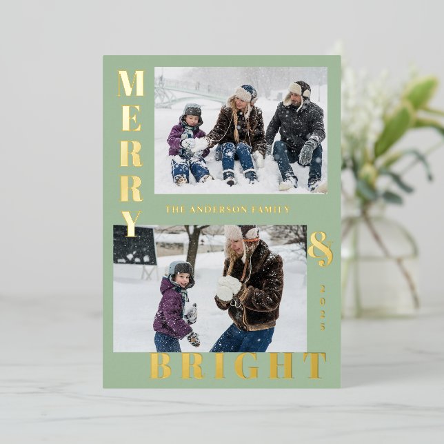 Modern Merry & Bright 2 Photo Sage Elegant Foil Holiday Card (Standing Front)