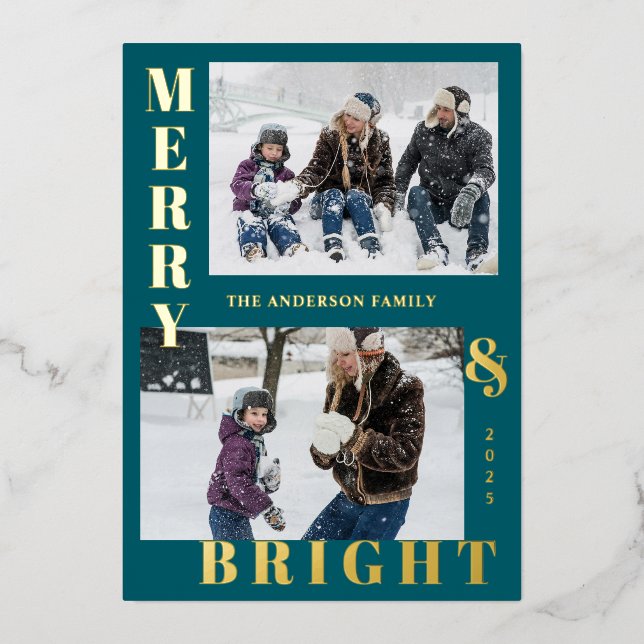 Modern Merry & Bright 2 Photo Teal Elegant Foil Holiday Card (Front)