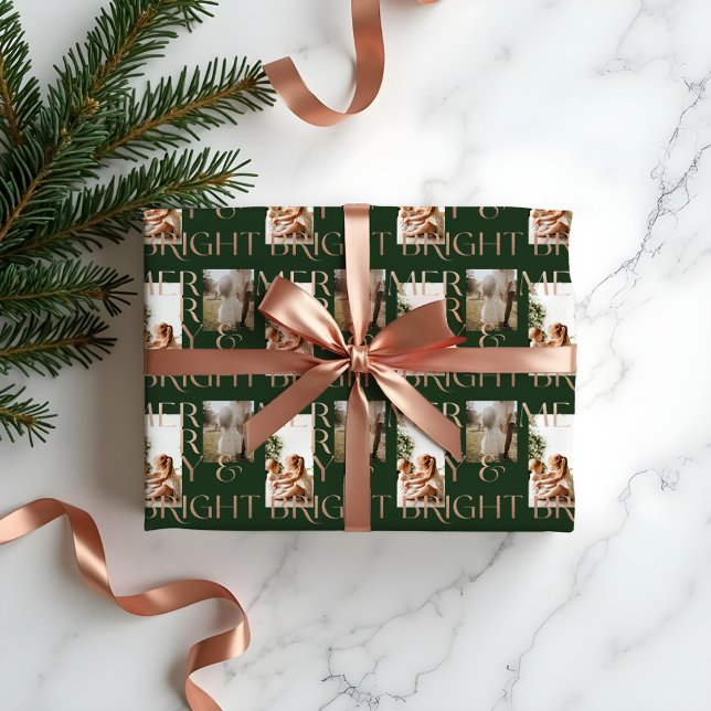 Modern Merry Bright Bold Typography 2 Photo Green Wrapping Paper (Modern Merry Bright Bold Typography 2 Photo White Wrapping Paper)