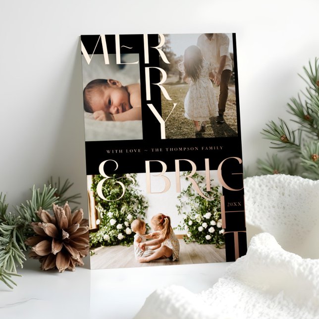 Modern Merry Bright Bold Typography 3 Photo Black Foil Holiday Card (Modern Merry Bright Bold Typography 3 Photo Black Foil Holiday Card)