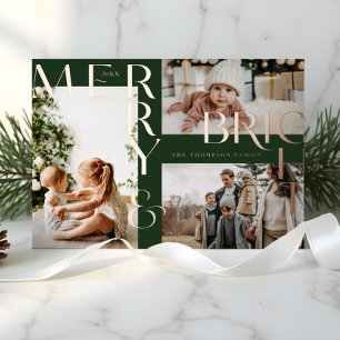 Modern Merry Bright Bold Typography 3 Photo Green Foil Holiday Card