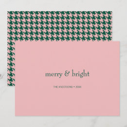 Modern Merry & Bright Christmas Green & Pink Holiday Card