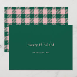 Modern Merry & Bright Christmas Green & Pink Holiday Card