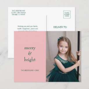 Modern Merry & Bright Christmas Green & Pink  Holiday Postcard