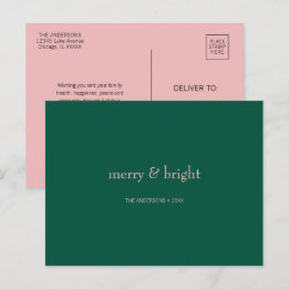 Modern Merry & Bright Christmas Green & Pink Holiday Postcard