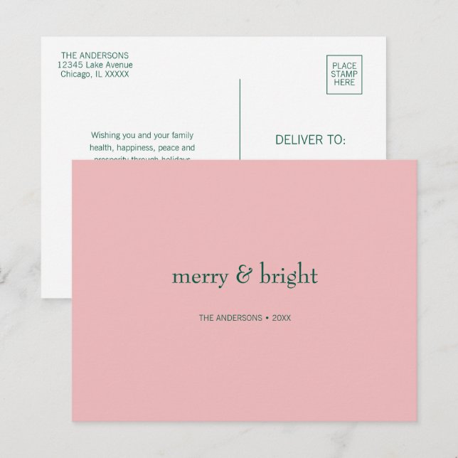 Modern Merry & Bright Christmas Green & Pink  Holiday Postcard (Front/Back)
