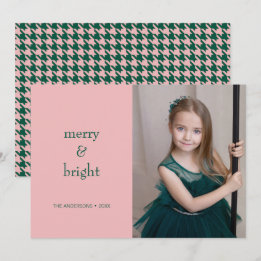 Modern Merry & Bright Christmas Green & Pink Photo Holiday Card